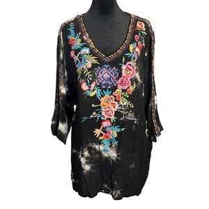 Calessa Black Tie-Dye Embroidered Tunic Top XL – Boho Festival Hippie